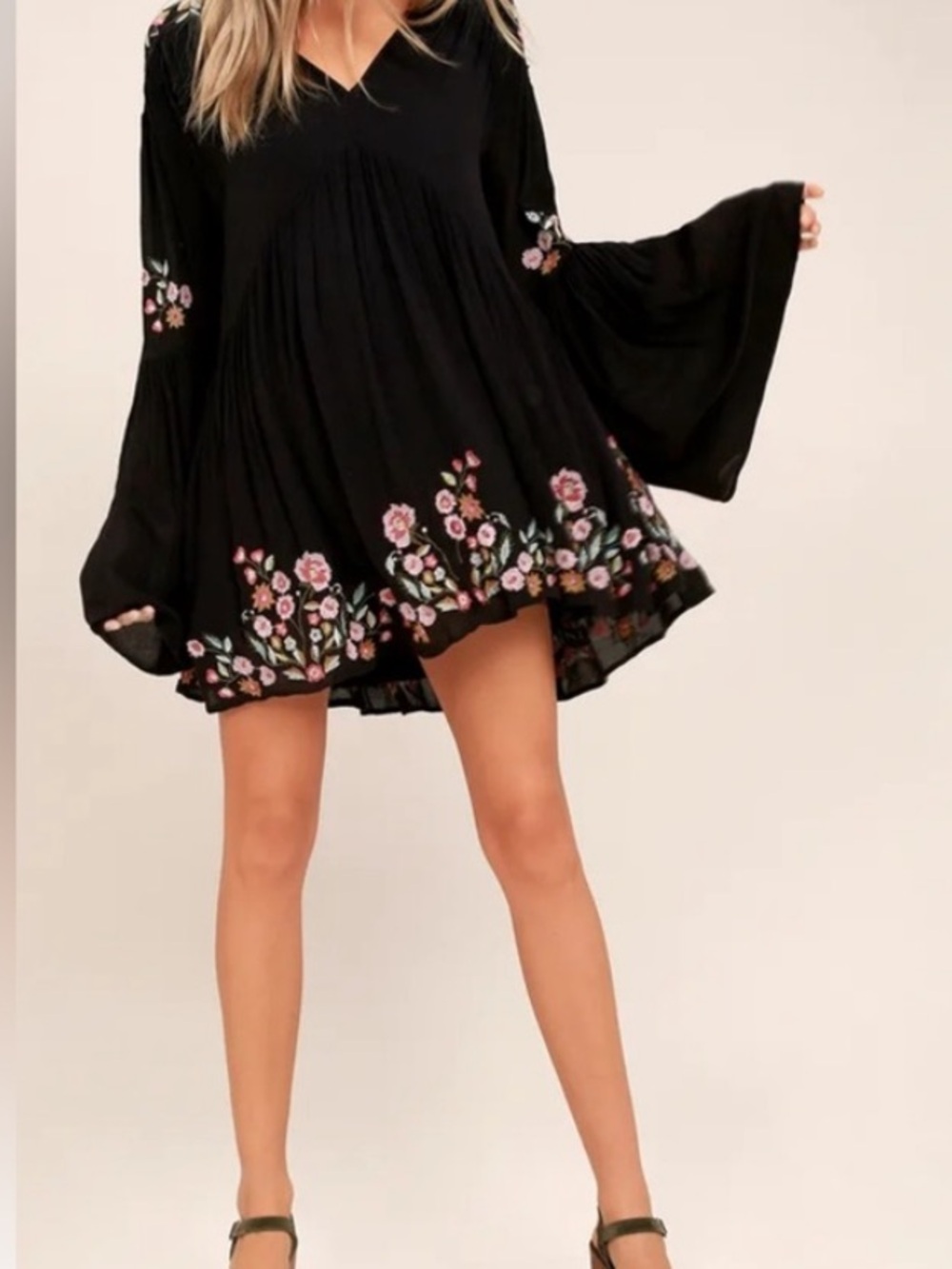 Free People Te Amo Black Mini Dress with Pink Floral Embroidery